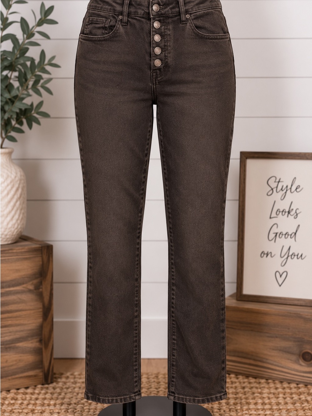 Mica Denim Brown High Rise Button Fly Straight Leg Jeans NWOT